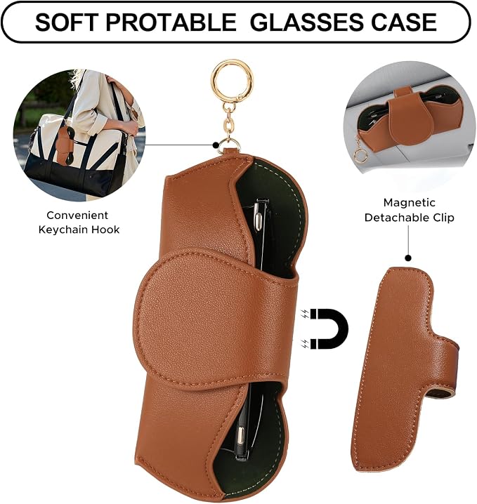 KINIVA Sunglasses Holder for Car Visor with Hanging Hook Portable Leather Glasses Storage Bag with Detachable Clips - Image 3