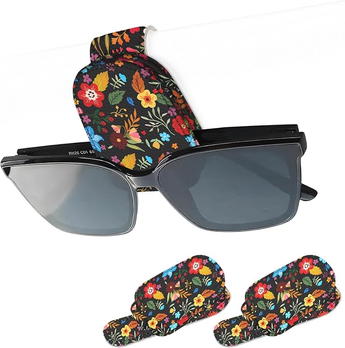 2 Pack Magnetic Leather Sunglass Holder, Universal Magnetic Car Eyeglass Hanger Clip for Different Size Eyeglasses, Car Visor Accessories (Black Floral) by Unknown