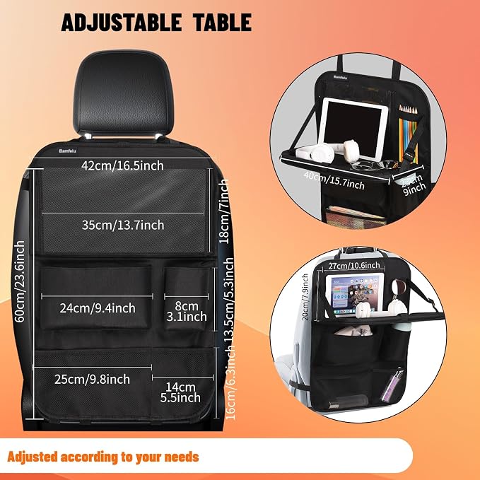 2 Pack Car Backseat Organizer with Foldable Table Tray, 16 Storage Zones Kick Mats Protector Tablet Holder for Family Travel (Black) - Image 3
