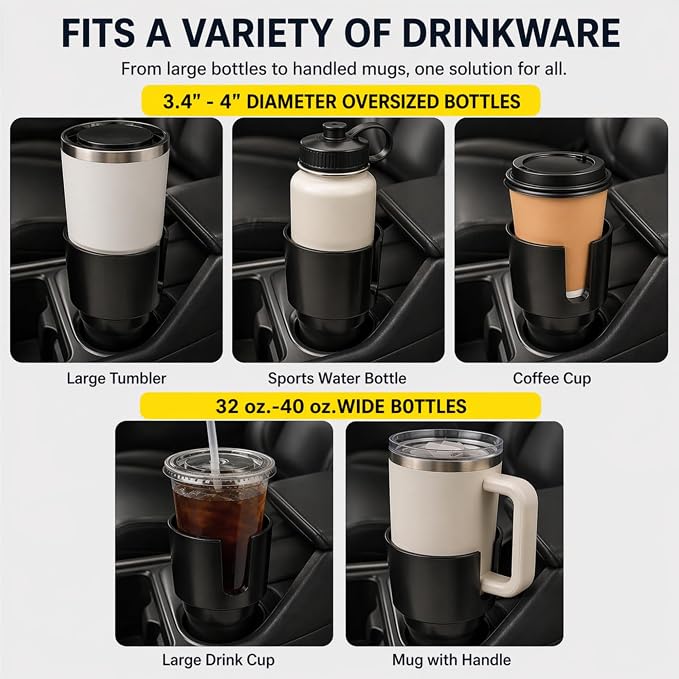 Car Cup Holder Expander for Large Bottles, Fits 32 oz to 40 oz Water Bottles and Handle Mugs, Secure Base for Most Vehicle Cup Holders, Durable ABS, Easy to Install, Durable ABS (Black) - Image 6