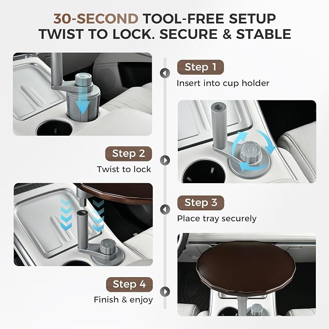 Wooden Car Tray Table with 360° Rotation, Height-Adjustable Car Desk for Laptop, Detachable Car Trays for Eating, Sturdy Steering Wheel Tray, Car Accessories Compatible with Tesla & Most Vehicles - Image 6