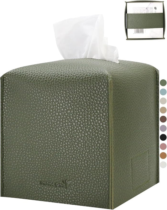 Tissue Box Cover 5X5X5'' PU Leather Tissue Holder Square Tissue Cube Box Organizer for Bathroom Vanity Countertop, Car, Night Stands, Office, Home, Kitchen (1Pack, Dark Green) by PENGLONGHOMEDECORATION