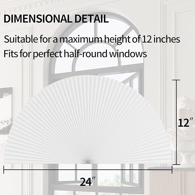 Myshade Arch Window Shades Half Circle Light Filtering Cellular Shades Cordless No Drill Blinds for Windows Half Moon Honeycomb Fabric No Tools Shades Easy Install (2PCS White 24" W X 12" H) - Image 3