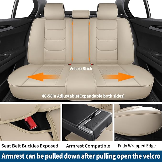 Leather Rear Car Seat Covers Automotive Seat Protectors | Breathable Waterproof Durable Full Surround Non-Slip Universal Fit for Most Cars SUV Trucks Van Beige - Image 2