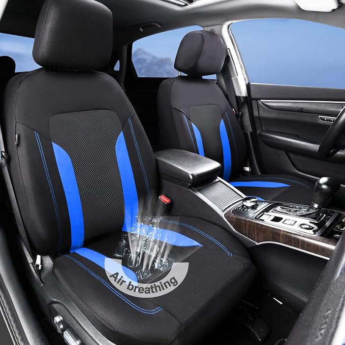 CAR PASS 3D Air Mesh Car Seat Covers Full Set, Breathable Sporty Rear Bench with Zipper for Armrest Box Universal Fit 95% Automotive SUV,Truck,Sedan Interior Cute Women Airbag Compatible, Black Blue - Image 2