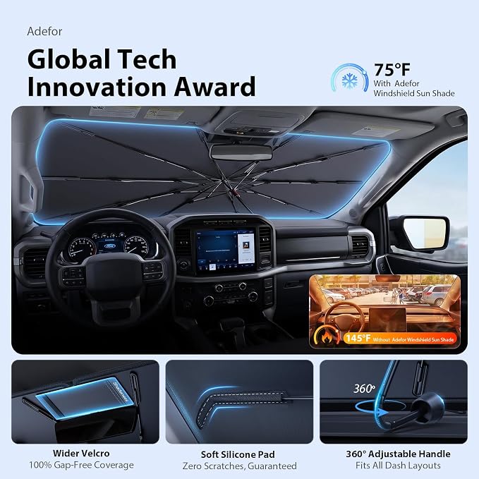 2026 Upgraded Windshield Sun Shade Umbrella for Ford Transit 150 [Precision Custom Fit, Superior UV & Heat Block] Cooling Tech Fabric, Durable Foldable with Storage Bag, Fits 2015-2025 - Image 5