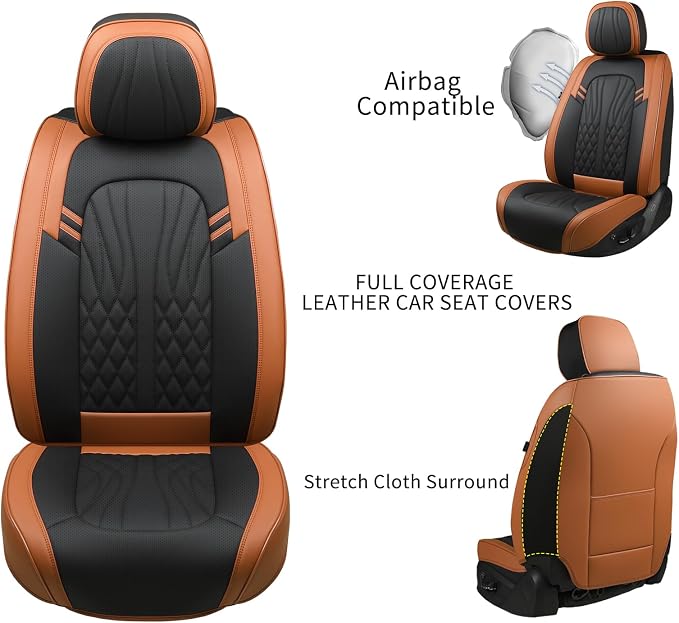 MINGBRON Car Seat Covers Front Seats, Car Seat Protector Waterproof, Car Seat Cushion Nappa Leather, Driver Seat Cover Brown Carseat Cover Universal Fit for Most Cars Brown&Black - Image 6