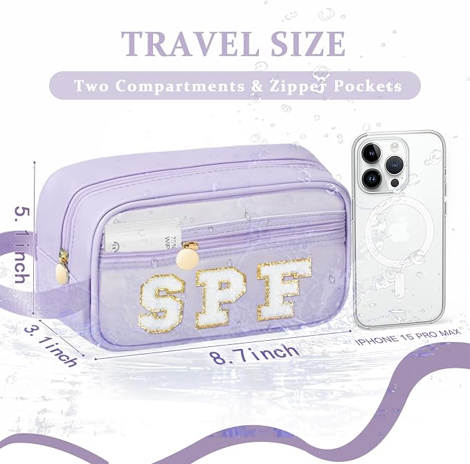 COSHAYSOO Clear Sunscreen Bag Makeup Toiletries Pouch Beach Vacation Essentials Summer Travel Stuff Accessories Personalized Graduation Gifts for Her Women College Teen Girls Teacher Nurse Purple SPF - Image 2