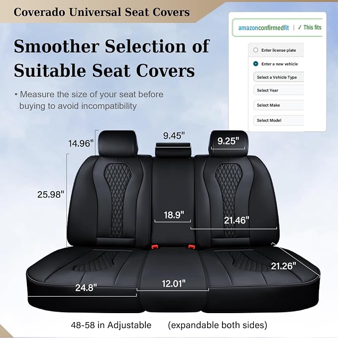 Coverado Back Seat Covers, Waterproof Car Protectors, Black Leather Seat Covers, 3-Piece Automotive Seat Covers for Back Seats Universal Fit for SUVs & Cars, All-Weather Protection - Image 6