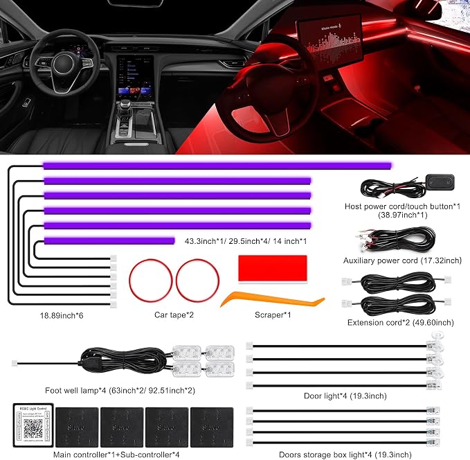 Acrylic Interior Car LED Strip Light with Wireless APP, RGB 18 in 1 with 175 inches 612 LEDs Fiber Optic Strip Lights for Car, Dual Zone Music Sync Neon Car Ambient Lighting Kits - Image 3