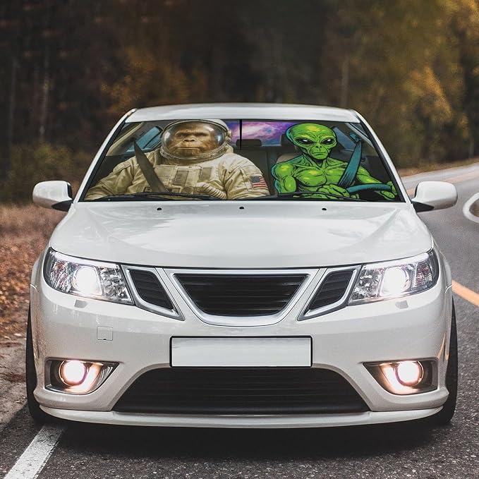 Funny Alien Astronaut Car Windshield Sun Shade Umbrella Bendable Handle Foldable Funny Sunshade for Car Windshield Block UV Rays Keep Vehicle Cool for Most Sedans SUV Trucks Cars 57"x30" - Image 3