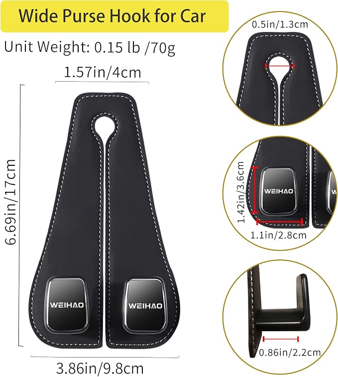 WEIHAO Wide Purse Hook for Car, Twin Hook Leather Car Headrest Hangers, Car Seat Back Storage Hook, Headrest Hooks Purse Bag Holder for Car Universal Fit Sedan Trucks SUVs Most Vehicles (Black-4PCS) - Image 6