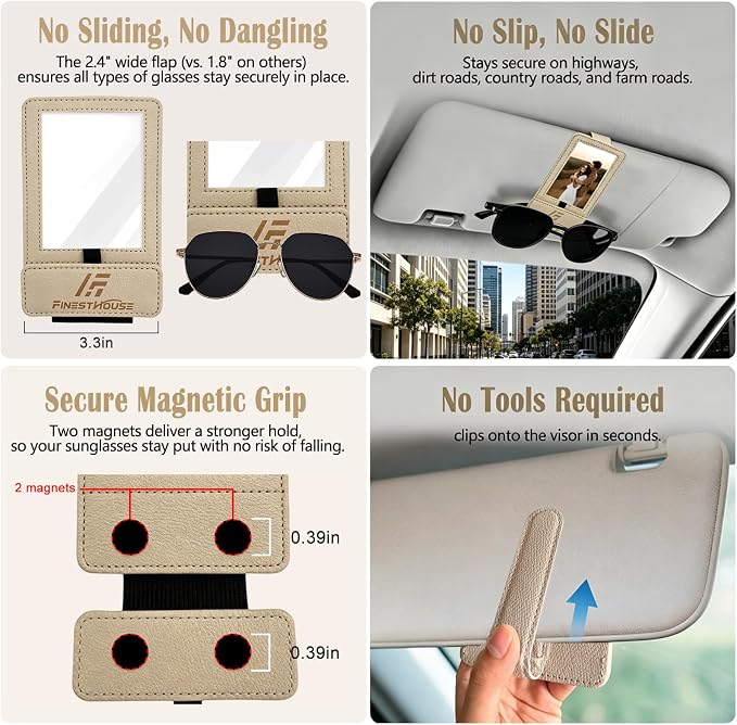 Magnetic 2-in-1 Sunglass & Photo Holder for Car Visor, Leather Anti-Slip No-Fall No-Slide, Fits SUV Truck RV - Image 7