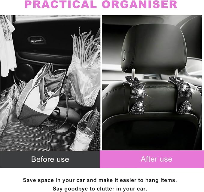 4 PCS Bling Car Seat Headrest Hooks, Rhinestone Vehicle Backseat Storage Hanger Backpack Hook, Sparkly Multi-Functional Headrest Purse Holder for Car Truck SUV RV (Black) - Image 3