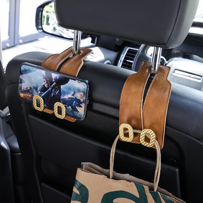 Car Headrest Hooks Universal Car Purse Hook Premium Leather and Alloy Twin Hook Car Seat Back Storage Hanger Hook for Purse Bags Cloth Drink Durable Holder Car Accessories (BH09-Brown-Gold-4 Pcs) - Image 2