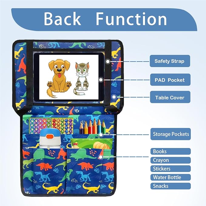 Adjustable Kids Tray Table Cover with Multi Portable Pockets, Airplane Travel Essentials for Kids, Toddlers, Adults, Airplane Must Haves, Plane Travel Essential, Travel Tray for Plane Train, Dinosaur - Image 3