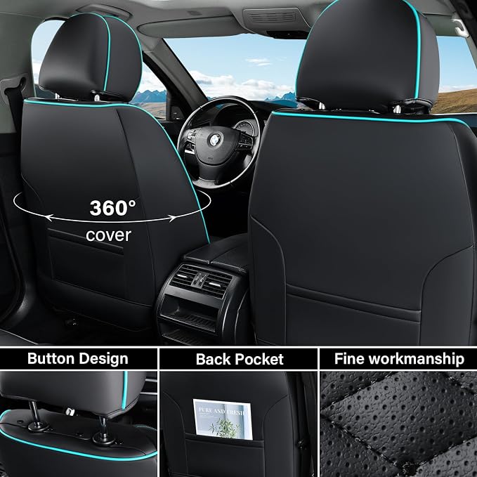Coverado Leather Seat Covers, Car Seat Covers Full Set, Nappa Leather Seat Covers for Cars, Car Seat Protector Waterproof, Black Car Seat Cover, Universal Seat Cover Fit for Most Cars(Black&Blue) - Image 3
