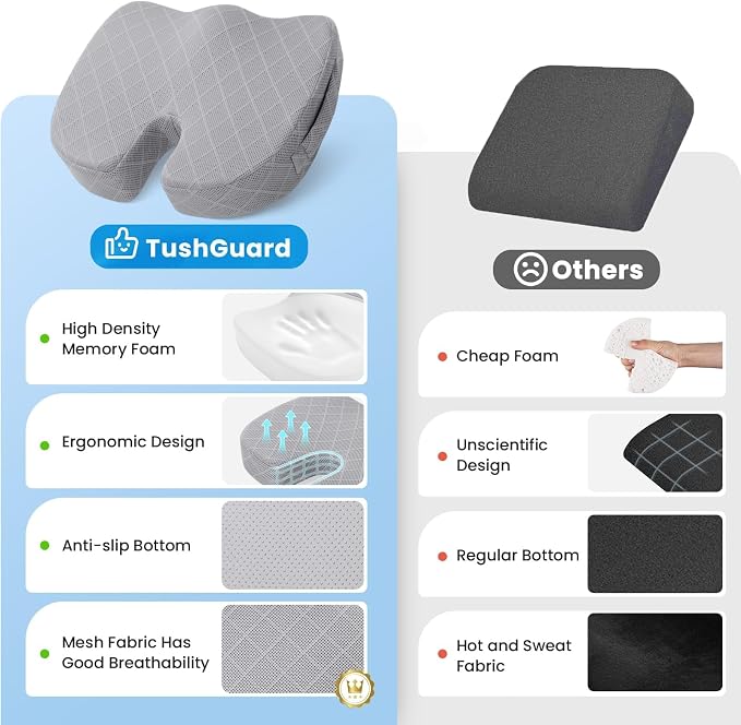 Memory Foam Office Chair Seat Cushion - Light Grey, X-Large | for Car Seat, Airplane, Desk Chair - Sciatica & Hip & Coccyx Pain Relief Cushion for Long Sitting Office Workers, Car Drivers - Image 6