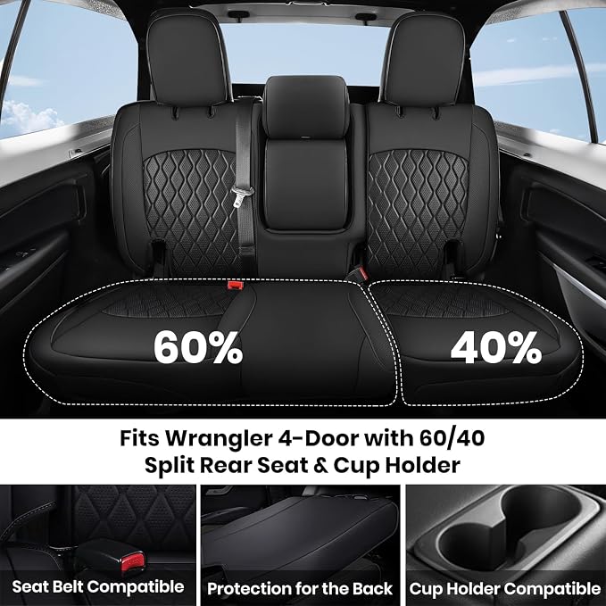 Coverado Seat Covers Fullset for Jeep Wrangler, Waterproof Car Seat Covers for Automotive Truck Seat Covers Custom Fit for 2018-2026 Jeep Wrangler JL 4-Door with Rear Cupholder Only，Black - Image 4