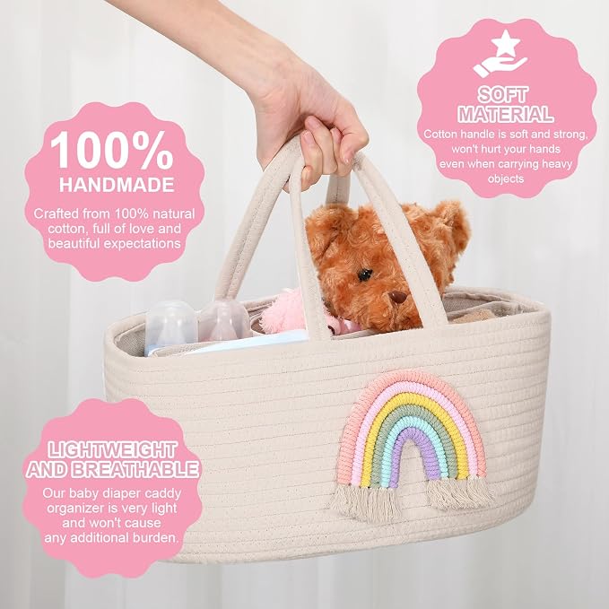 Aliceset Large Baby Diaper Caddy for Girl Boy Rope Nursery Storage Bin Basket Portable Holder Tote Bag for Changing Table Car Travel Baby Shower Gifts Newborn Essentials Registry Must Have(Rainbow) - Image 3