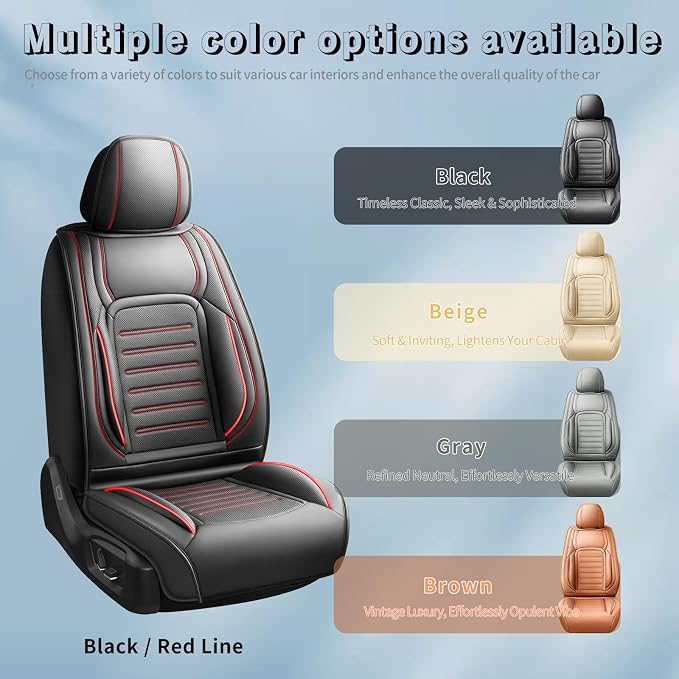 Fit Avalon Car Seat Covers for Toyota Avalon 2001-2021 2022 -Premium Leather, Waterproof，Breathable，All-Weather Seat Cushion Protecto & Airbag Compatible, 2 Front Seat Red Line Black - Image 5