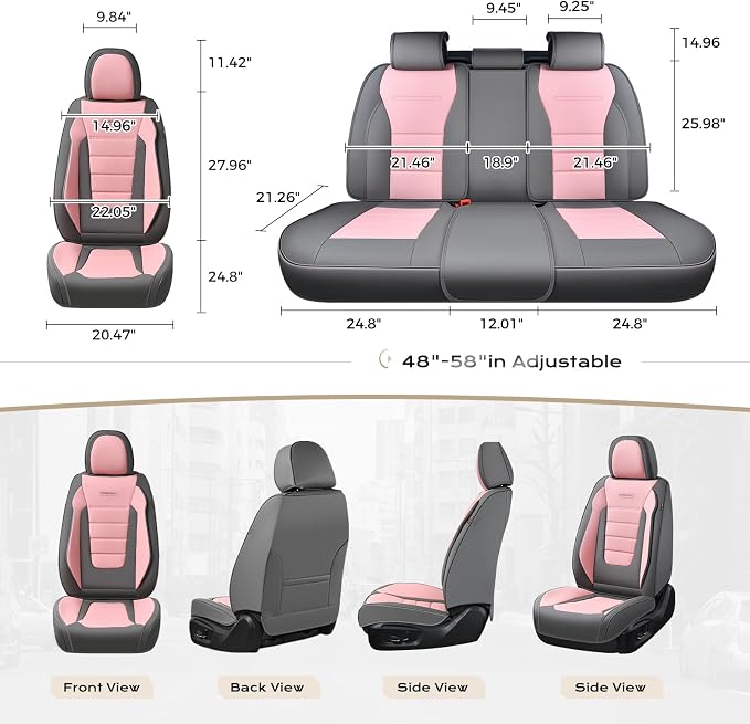 Coverado Car Seat Covers Full Set, Nappa Leather Seat Covers for Cars, Car Seat Protector Car Seat Cushion, Front and Back Seat Protectors Cushions Universal Fit for Most Cars Vehicles(Gray&Pink) - Image 3