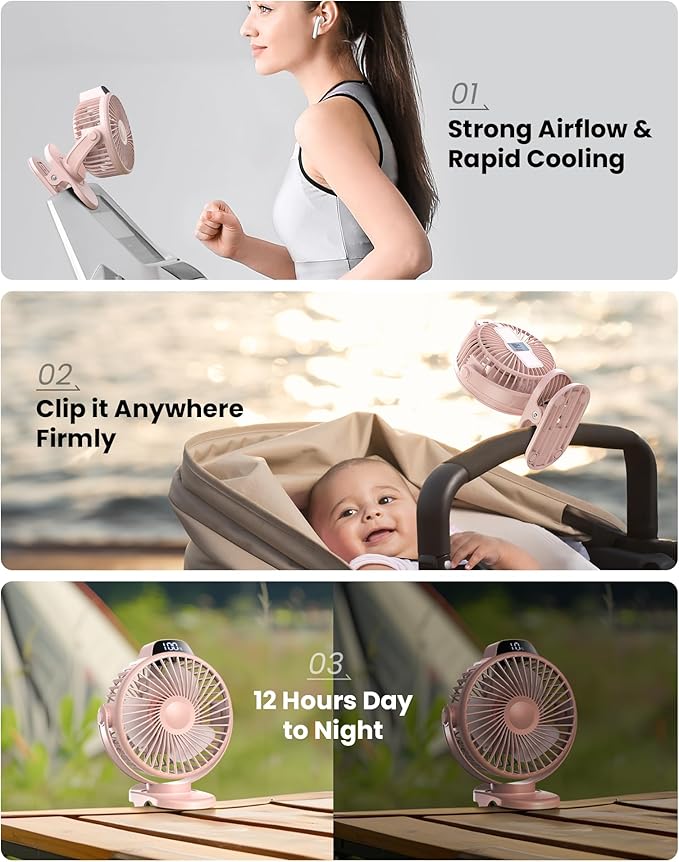 Koonie Portable Clip-On Fan, Small Rechargeable Battery Operated, 3 Speeds | Pink Mini Clamp Fan With LED Display, 360° Rotate Personal Cooling Desk Fan for Stroller Bed Travel Camping Golf Gym - Image 2