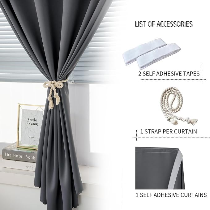 Blackout Curtains with Self Adhesive Tape No Rod No Drill Easy Install Window Cover for Bedroom Kitchen Dorm 46" W x 71" L Grey 1 Panel - Image 2