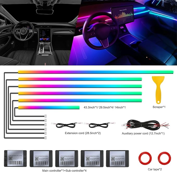 Dreamcolor Acrylic Interior Car LED Strip Light with Wireless APP, RGB 6 in 1 with 175 inches 593 LEDs Fiber Optic Strip Lights for Car, Dynamic Chasing Music Sync Neon Car Ambient Lighting Kits - Image 3