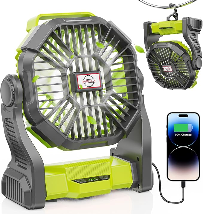 DOWILLDO 10400mAh Portable Battery Powered Camping Fan - with LED Light, Quiet Battery Operated, Camping Gear for Travel, Tent, Beach, Car or Hurricane Power Outages, Green by DOWILLDO