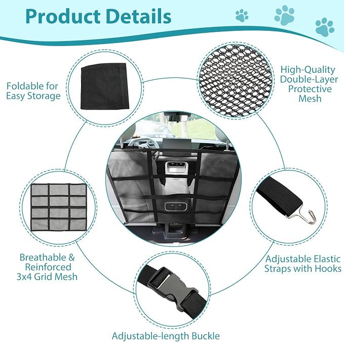 VavoPaw Dog Car Barrier, Car Net for Dog, Pet Barrier for SUV/Car/Truck | With Mesh Organizer, Scratch-Resistant, Large Barrier Area, Adjustable Strap, Sturdy Easy to Install,Car Divider for Backseat - Image 5