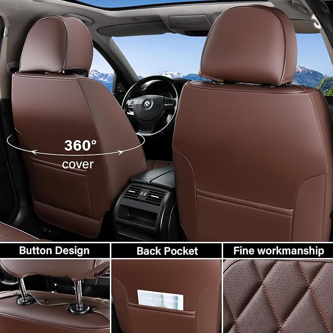 Coverado Car Seat Covers Full Set, Luxury Faux Leather Waterproof Seat Cover, Front and Back Car Seat Protector, Universal 5 Seat Leather Seat Cushion, Carseat Cover Fit Most Cars, Coffee - Image 4