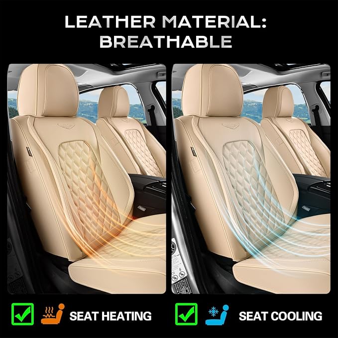 Coverado Full Set Leather Car Seat Covers, Waterproof Faux Leather Seat Covers, Beige Car Seat Protectors, 5 Seats, Universal Fit for Most Cars & SUVs-Beige - Image 5