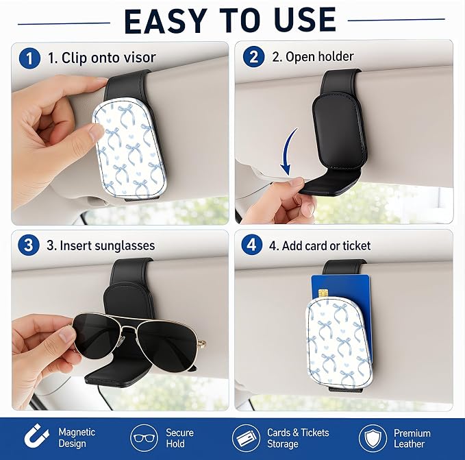Leather Magnetic Sunglass Holder for Car Sun Visor, Cute Eyeglass Ticket Card Hanger Clip, Universal Auto Interior Accessories for SUV Pickup Truck, Blue Bow - Image 5