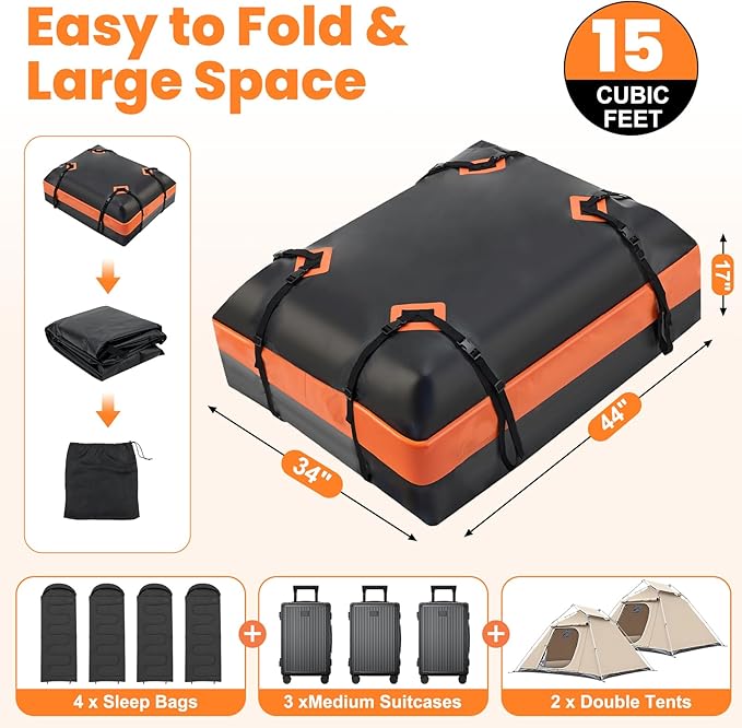 DUMOS Car Roof Bag Cargo Carrier Waterproof 15 Cubic Feet for All Vehicles | Rooftop Bag with Anti-Slip Mat, Combination Luggage Lock, Reinforced Straps & Door Hooks, Fit Vehicles with/without Roof Rack - Image 2