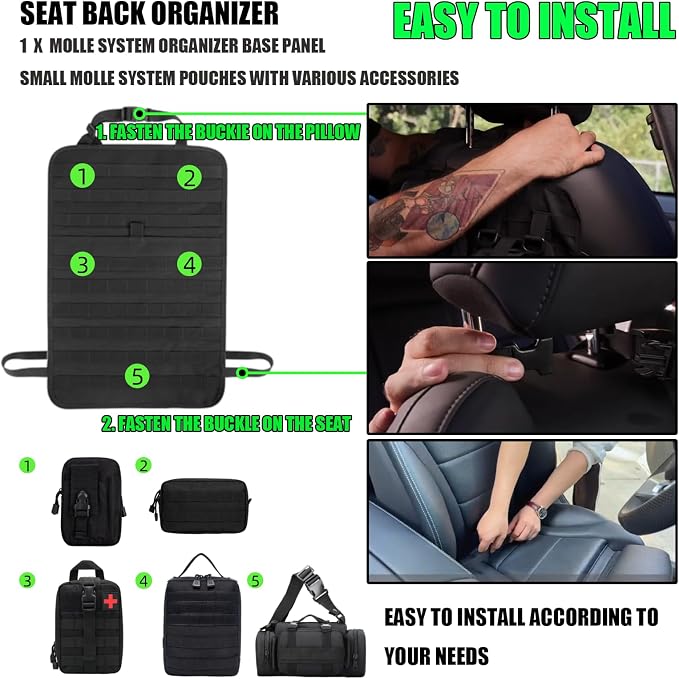 7 PACK Tactical Seat back organizer Truck organizer With 6 Detachable Pouches Universal For Car Truck Ford Jeep Military-Grade Heavier Panels With Multi-functional Packs (Army green) - Image 5
