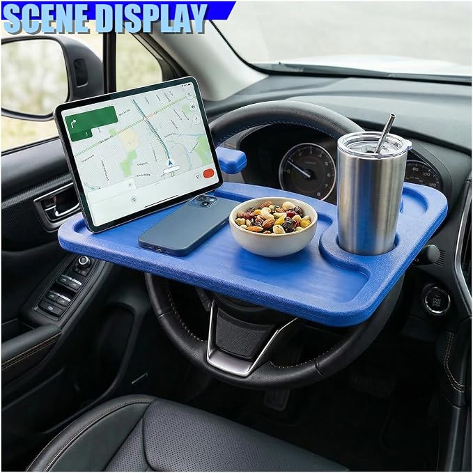 Car Steering Wheel Desk, 2 in 1 Multipurpose Auto Steering Wheel Tray with Drink Holder and Pen Slot, Portable Vehicle Computer Office Table Travel Accessories for Laptop, Food (Blue) - Image 3