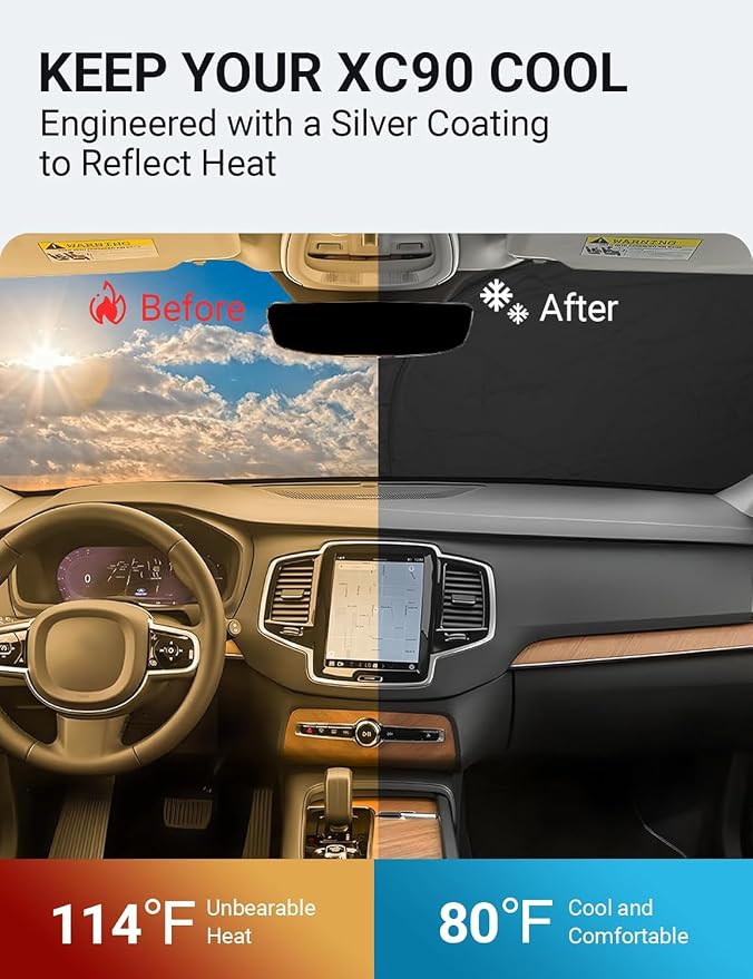 Proadsy Custom Fit 2016-2025 Volvo XC90 Windshield Sun Shade, Blocks Heat | 240T Heat Shield, Drops Temp 54°F, Blocks 99% UV, Prevents Dashboard Cracking, Summer Parking & Beach Trips, Easy Twist-Fold - Image 2