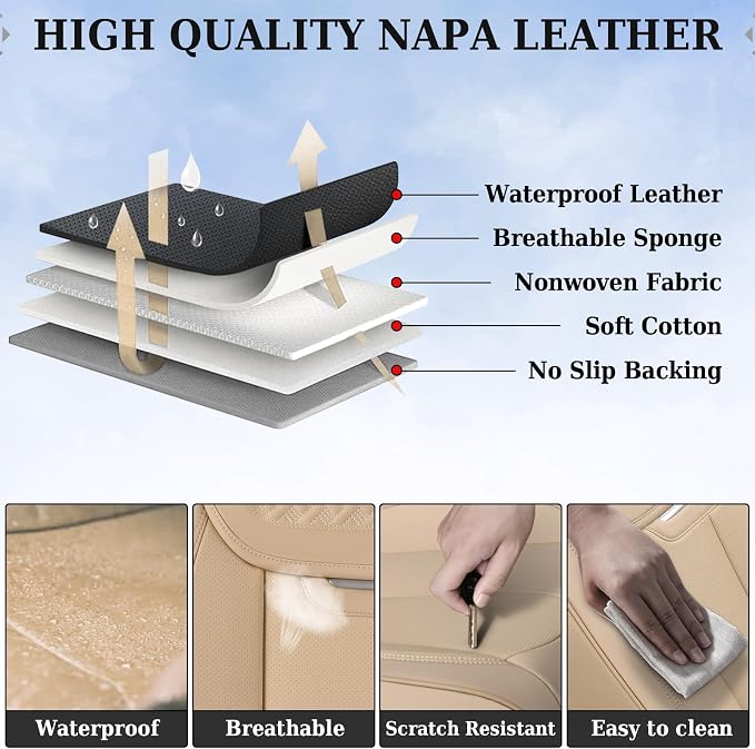 Coverado Car Seat Covers Full Set, Seat Covers Waterproof, Nappa Leather Seat Covers for Cars, Front and Back Car Seat Protector, Breathable Seat Cushion, Seat Cover Universal Fit Most Cars(Beige) - Image 9