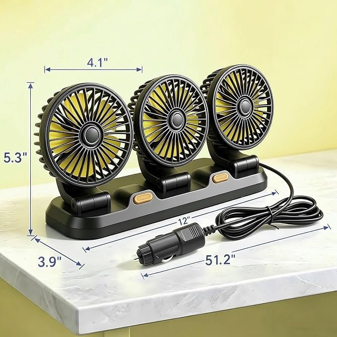12V Car Cooling Three-Head Fan, 360° Rotation, 2-Speed Adjustable, Low Noise, Portable Fan for SUV, RV, Vehicle, Boat, Golf Cart with 51-Inch Cord - Image 6