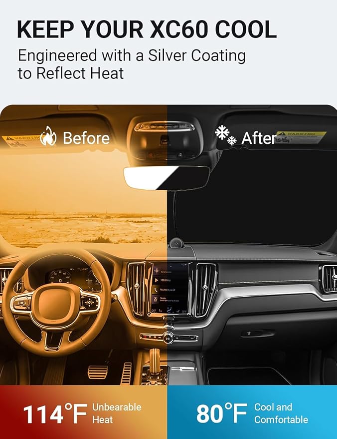Proadsy Custom Fit 2018-2026 Volvo XC60 Windshield Sun Shade, Blocks Heat | 240T Heat Shield, Drops Temp 54°F, Blocks 99% UV, Prevents Dashboard Cracking, Summer Parking & Beach Trips, Easy Twist-Fold - Image 3