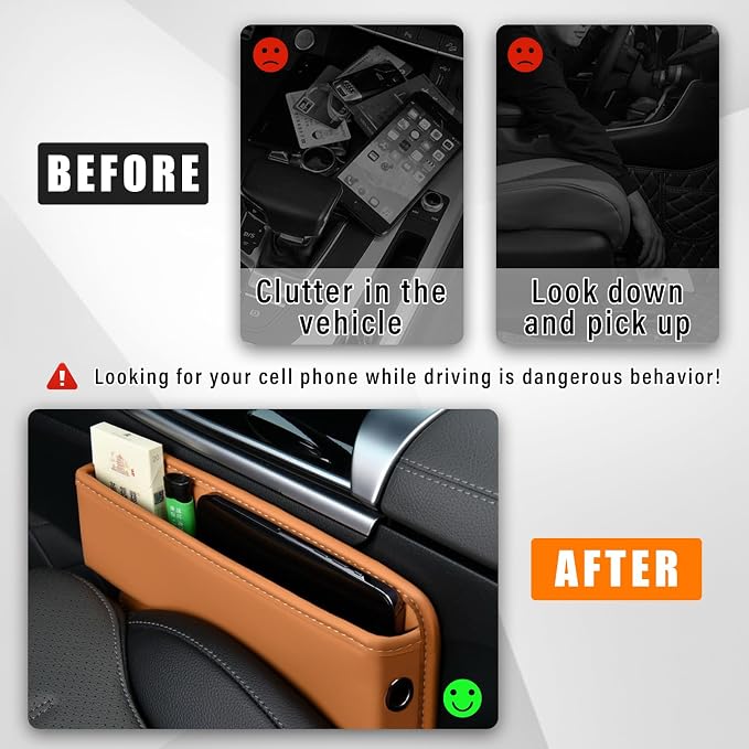 Ziciner Car Seat Gap Organizer, Premium Leather Auto Seat Storage Box, Vehicle Adjustable Front Seat Gap Filler, Car Seat Side Pocket Organizer for Phones, Glasses, Keys, Money, Cards (Khaki) - Image 4