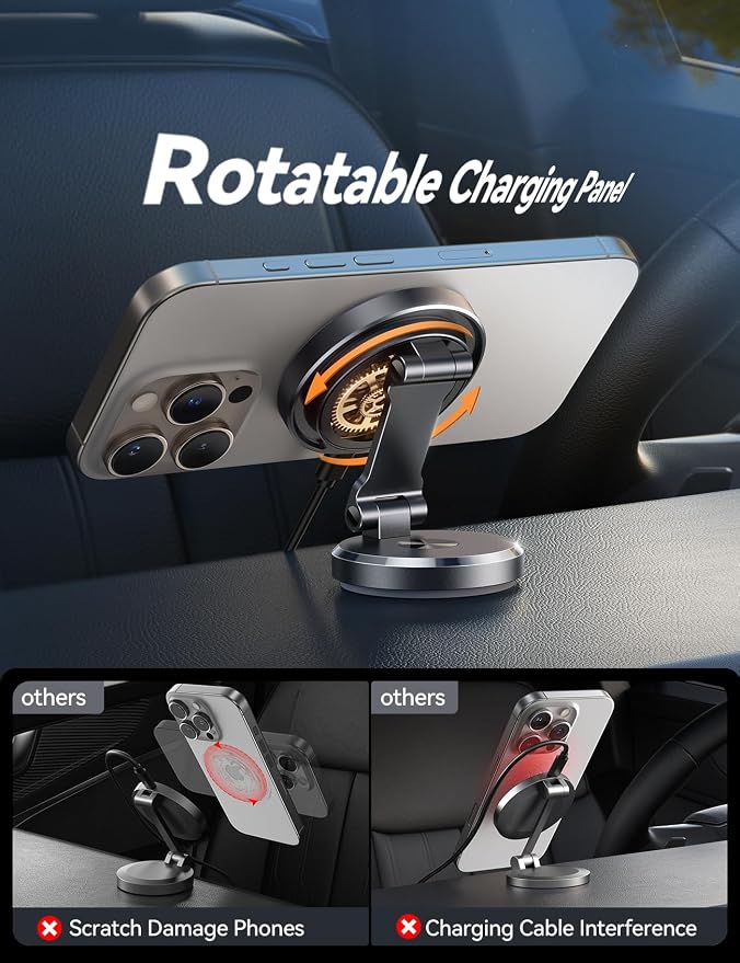 Metal MagSafe Car Mount Charger with 360° Rotatable Charging Panel & Base | 15W Fast Charging Magnetic Phone Holder, Strong Magnets Wireless Car Charger, Car Mount for iPhone 17 Pro Max 16 15 14 13 12 - Image 3