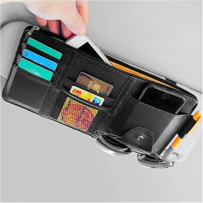 Black Car Sun Visor Organizer, Document Storage Pocket Interior Accessory | Visor accessories multi-slot design stores docs, cards & sunglasses, slim fits all vehicles without obstructing sight by SEMBEM