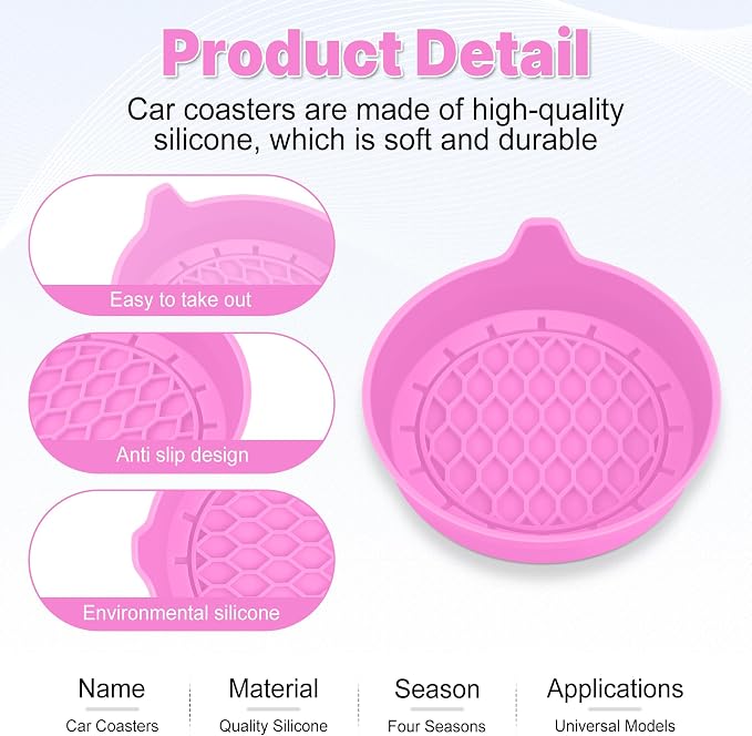 Car Cup Holder Coaster, Silicone Cup Holder Insert, Universal Non-Slip Cup Holders, Car Accessories Interior for Women and Man 4 Pack Pink - Image 4