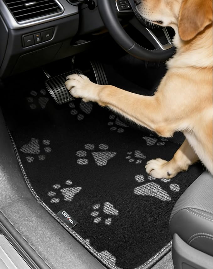 Cute Embroidered Dog Paw Car Floor Mats for Pet Lovers, Universal Fit All Weather Car Mats with Anti-Slip Nibbs Backing, Carpet Floor Mats for Cars, Trucks & Sedans, Full Set of 4 (Gray Paw) by OEMATS