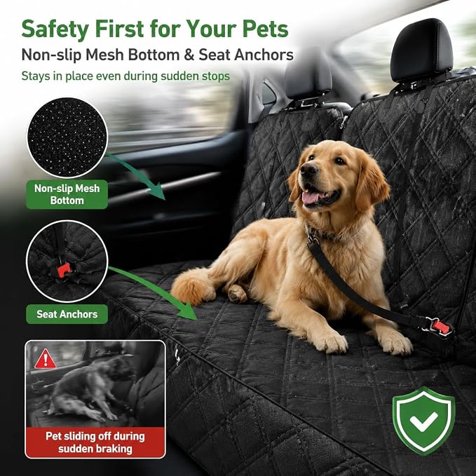 Ekisemio Dog Car Seat Cover for Back Seat, Waterproof 600D Oxford Pet Seat Protector for Cars SUVs Trucks, Heavy Duty Non-Slip Rear Bench Cover, Machine Washable Scratchproof - Black - Image 5
