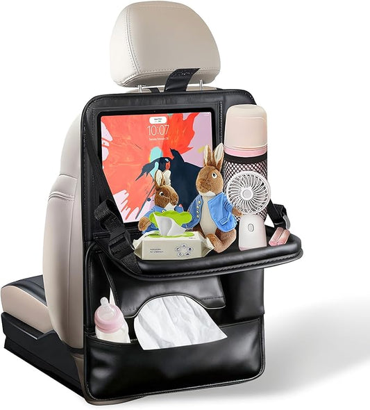 1-Pack Leather Car Backseat Organizer with Tablet Holder–Foldable Food Tray,Storage Pockets,Trash Can,Tissue Holder & Insulated Bag–Kick Mats Protector for Kids,Travel Accessories Organizer by Drsvabze