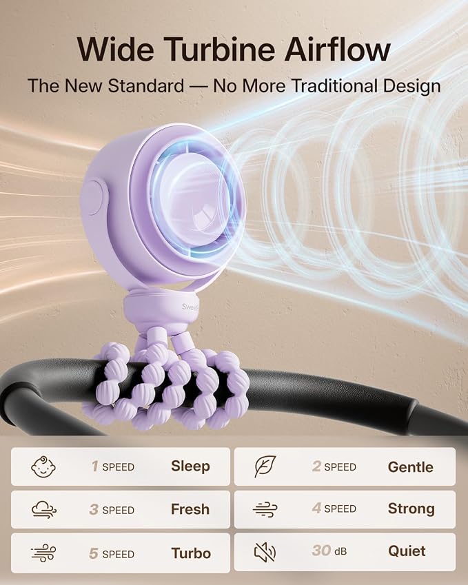 SWEETFULL Portable Stroller Fan, Pinch-Proof Baby Fan - Purple | Wide Turbine Airflow; Safe Design; LED Display; 5-Speed; 30dB Quiet; USB-C Rechargeable; Mini Clip On Fan for Car Seat & Bed - Image 3