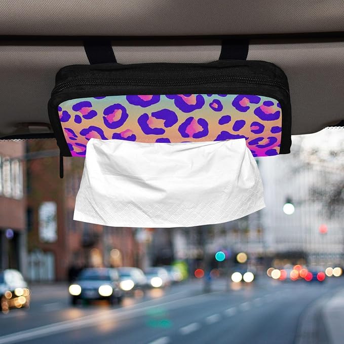 Car Tissue Holder Car Napkin Holder Tissue Box Dispenser Storage Case Sun Visor Mask Holder Accessories with Adjustable Straps Reusable Refillable Neon Gradient Leopard Print - Image 6